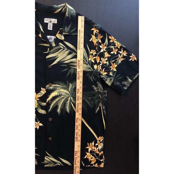 Caribbean Joe Black Rayon/Polyester Loop Button Palm Flower Hawaiian Shirt L - Picture 8 of 8